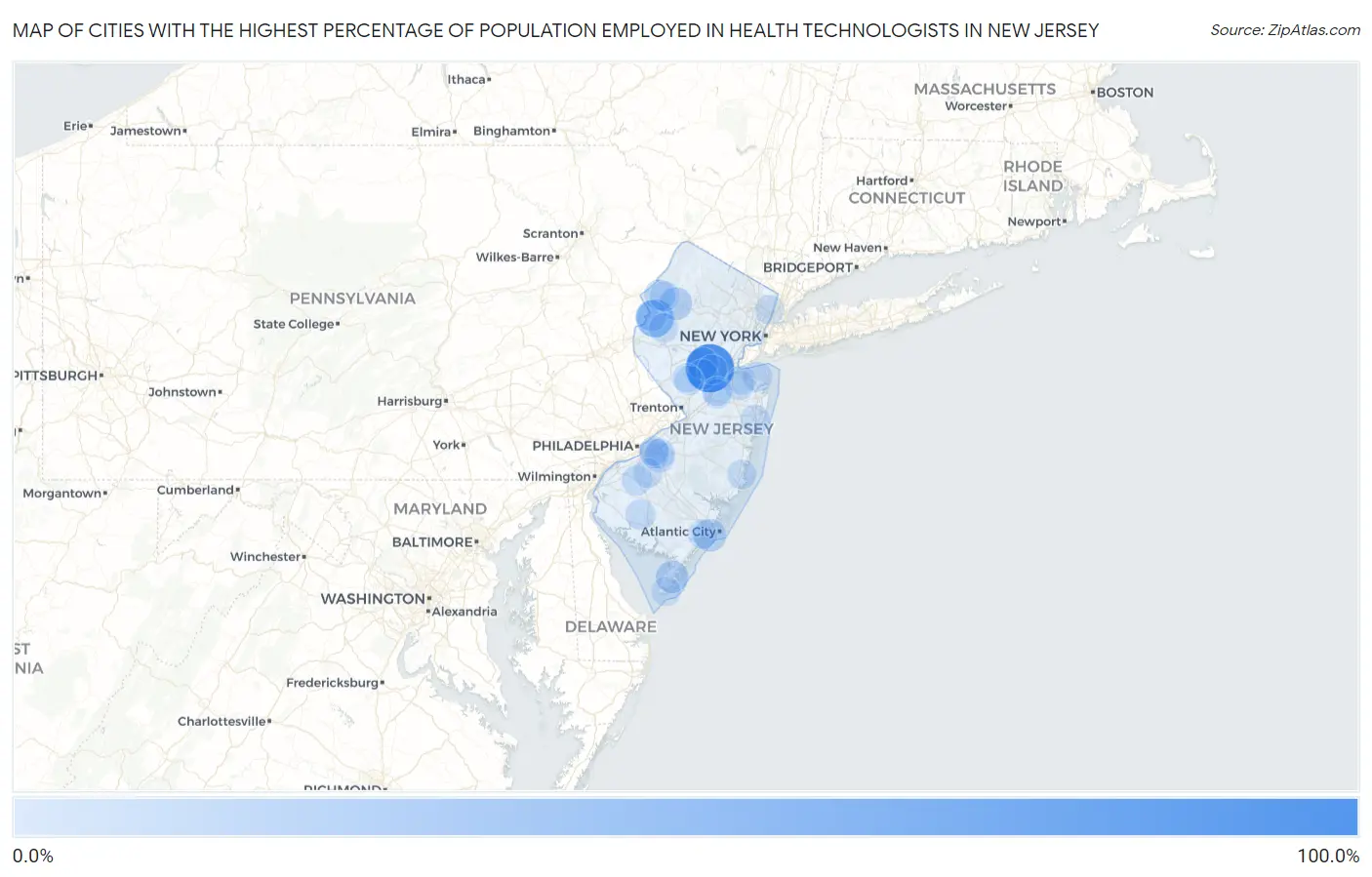 Cities with the Highest Percentage of Population Employed in Health Technologists in New Jersey Map