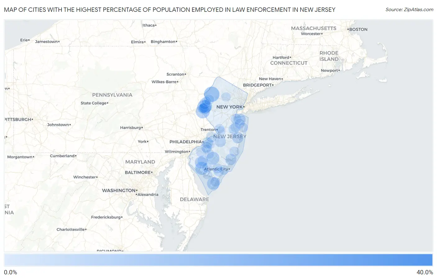 Cities with the Highest Percentage of Population Employed in Law Enforcement in New Jersey Map