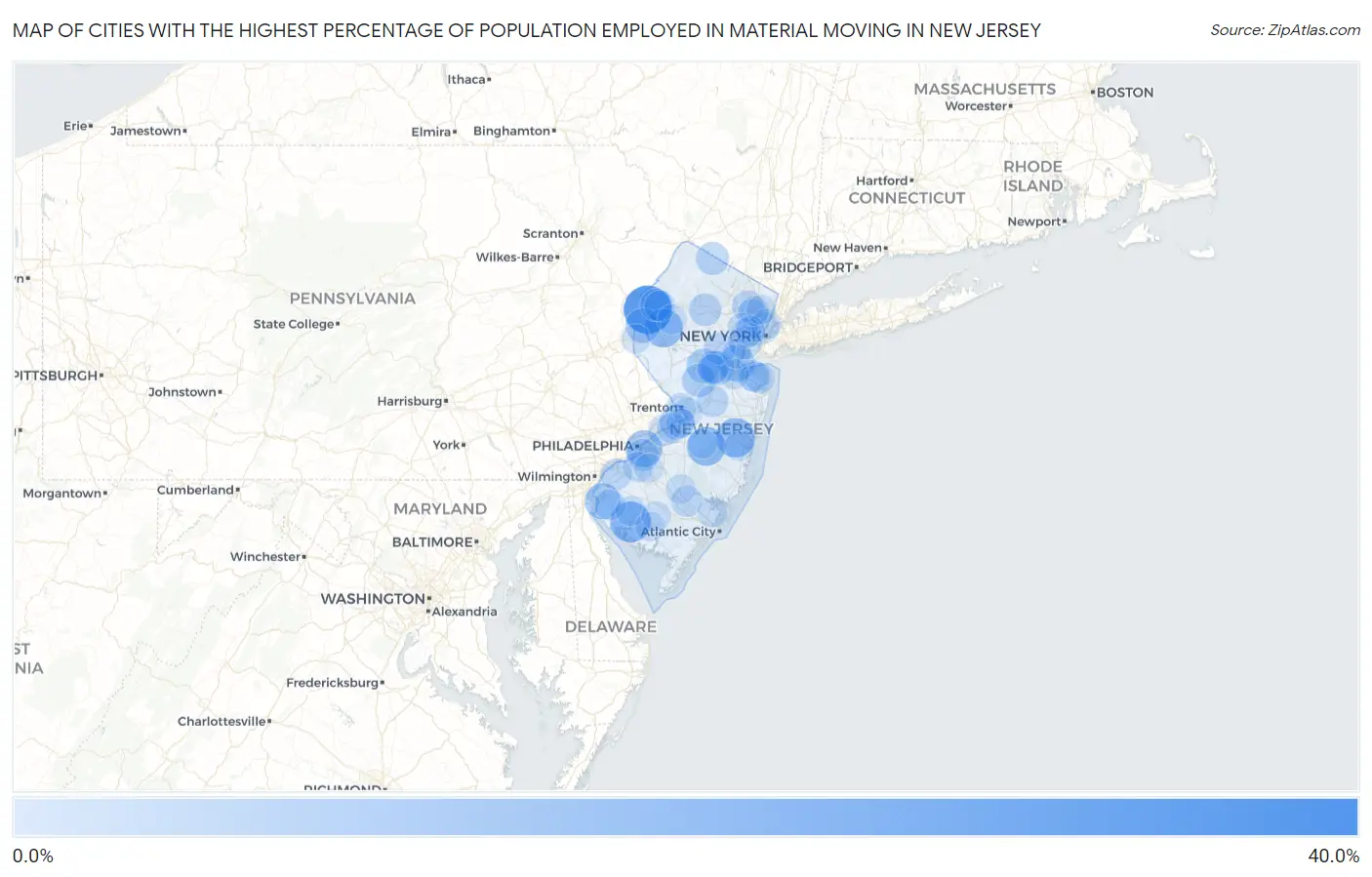 Cities with the Highest Percentage of Population Employed in Material Moving in New Jersey Map