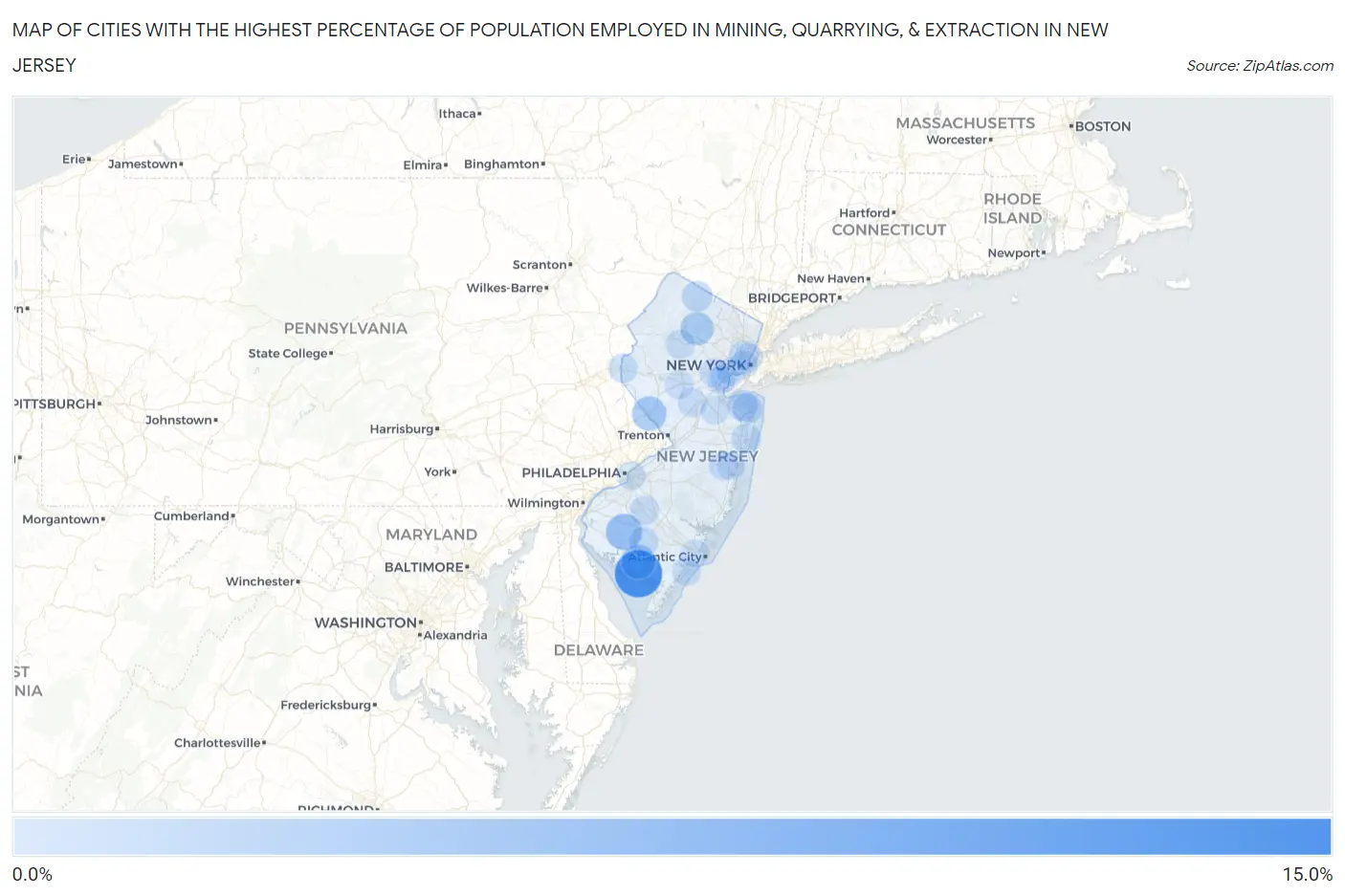 Cities with the Highest Percentage of Population Employed in Mining, Quarrying, & Extraction in New Jersey Map