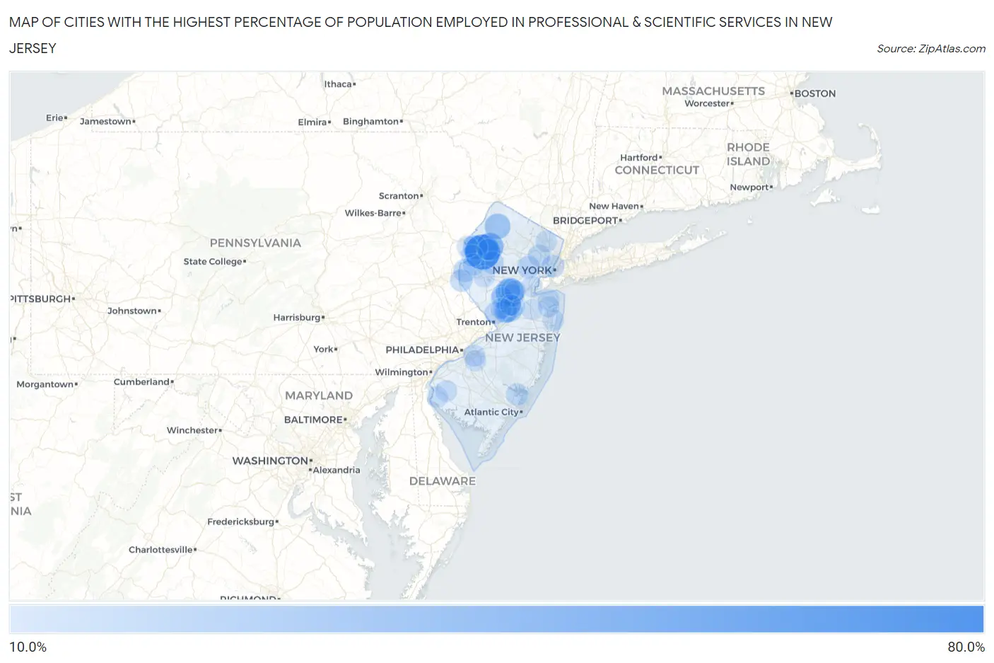 Cities with the Highest Percentage of Population Employed in Professional & Scientific Services in New Jersey Map
