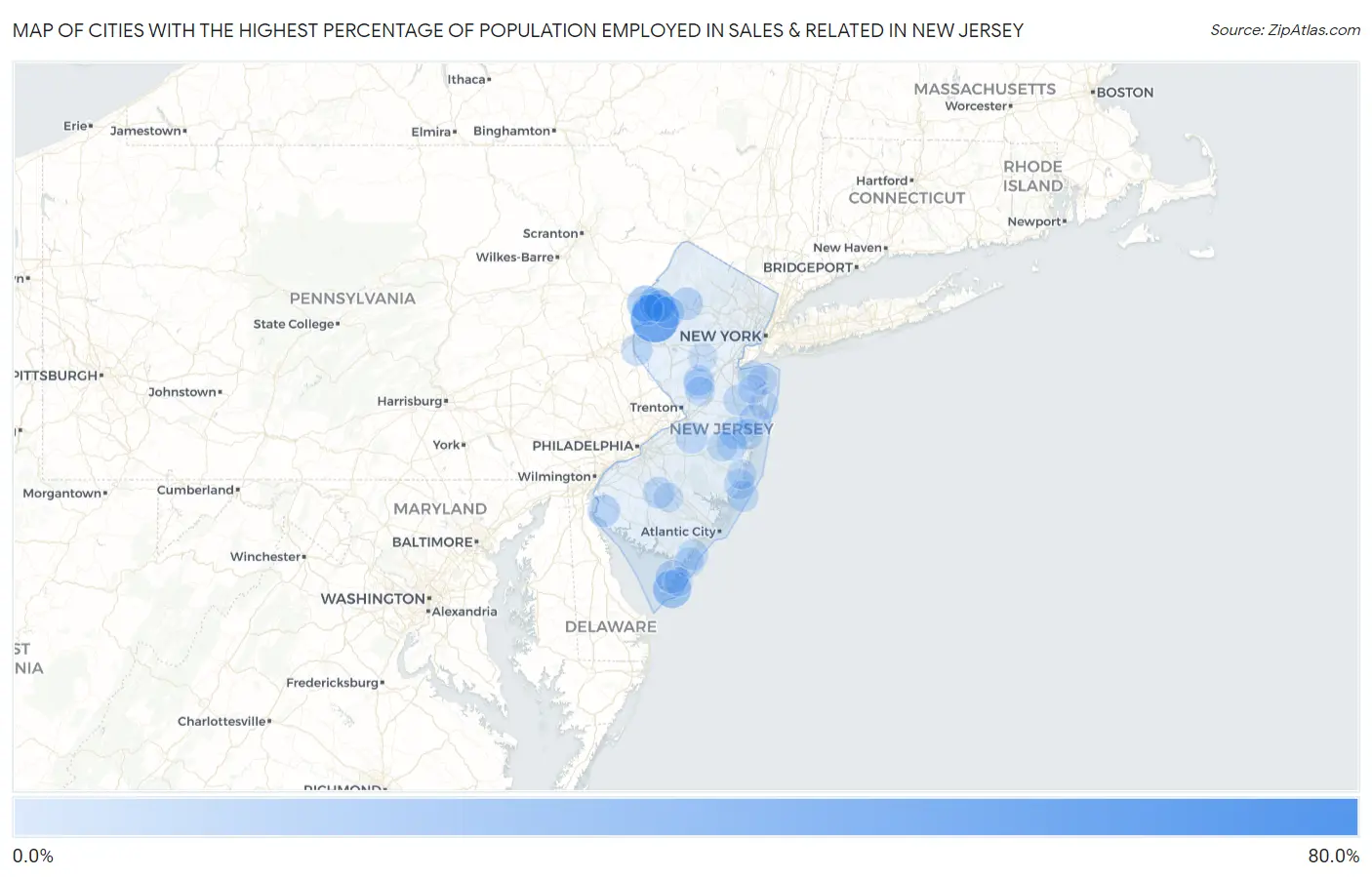 Cities with the Highest Percentage of Population Employed in Sales & Related in New Jersey Map