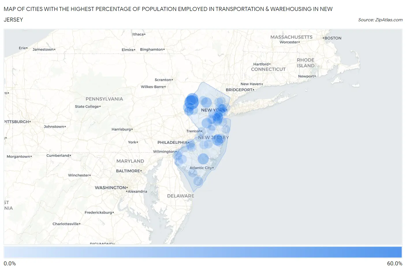 Cities with the Highest Percentage of Population Employed in Transportation & Warehousing in New Jersey Map