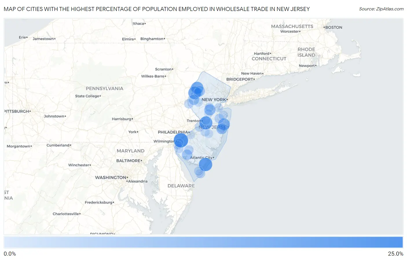 Cities with the Highest Percentage of Population Employed in Wholesale Trade in New Jersey Map