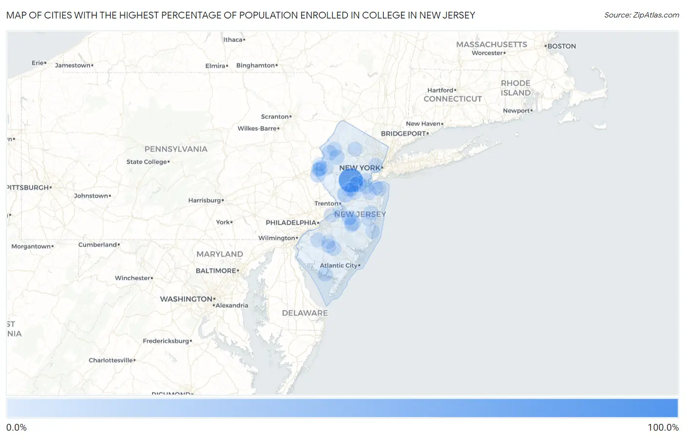 Cities with the Highest Percentage of Population Enrolled in College in New Jersey Map