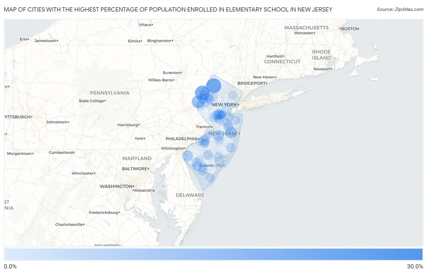 Cities with the Highest Percentage of Population Enrolled in Elementary School in New Jersey Map