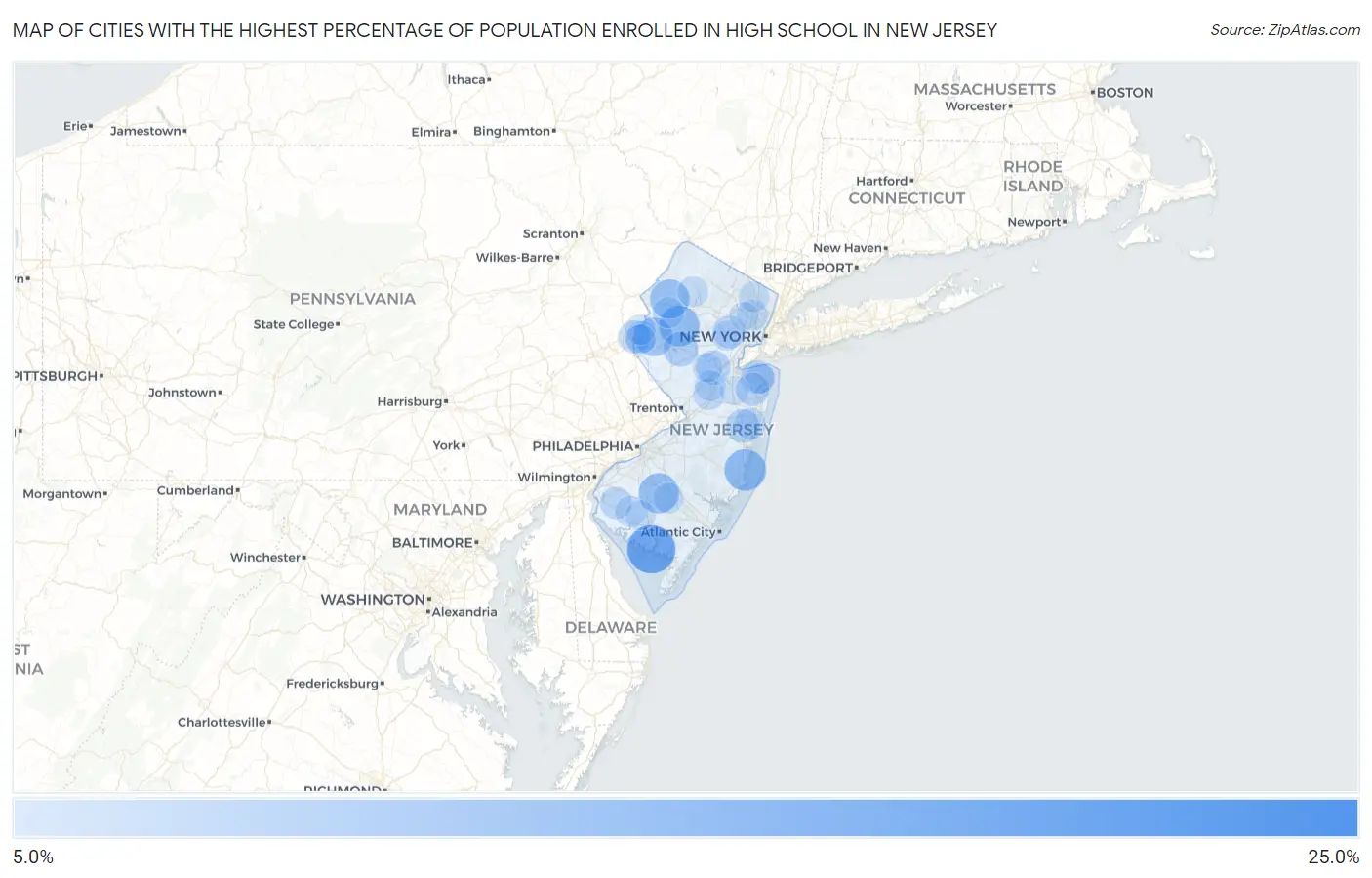 Cities with the Highest Percentage of Population Enrolled in High School in New Jersey Map