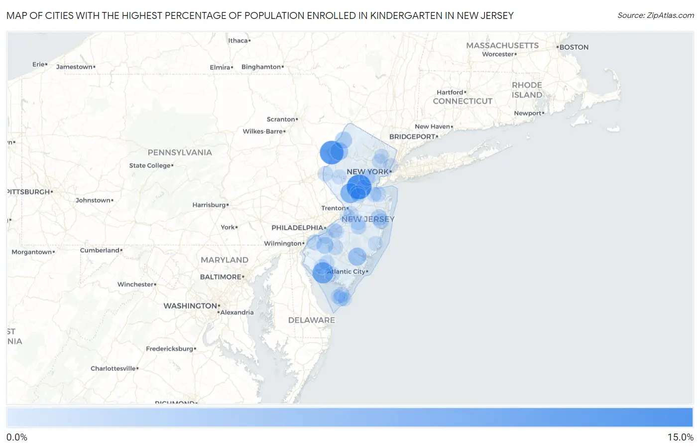 Cities with the Highest Percentage of Population Enrolled in Kindergarten in New Jersey Map