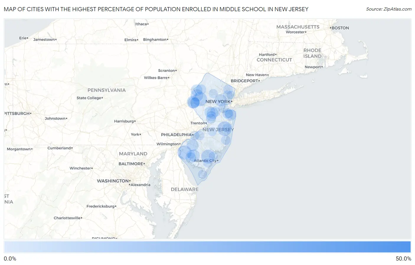 Cities with the Highest Percentage of Population Enrolled in Middle School in New Jersey Map