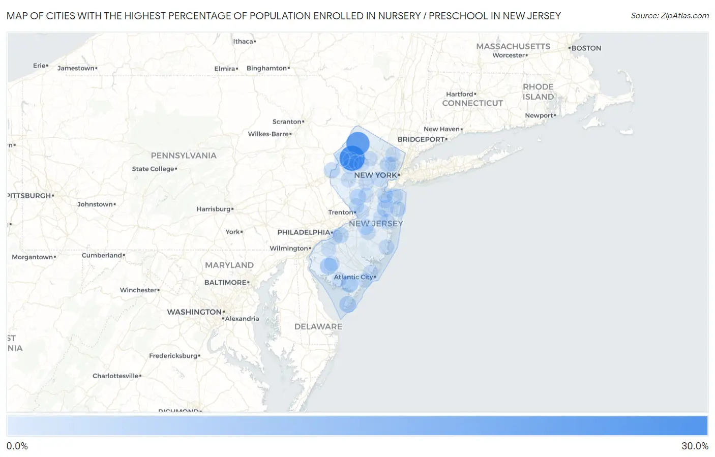 Cities with the Highest Percentage of Population Enrolled in Nursery / Preschool in New Jersey Map
