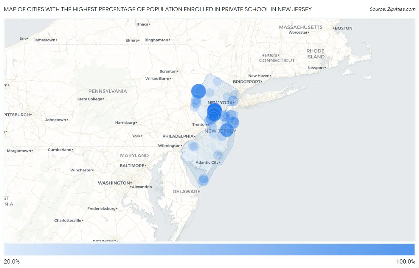 Cities with the Highest Percentage of Population Enrolled in Private School in New Jersey Map