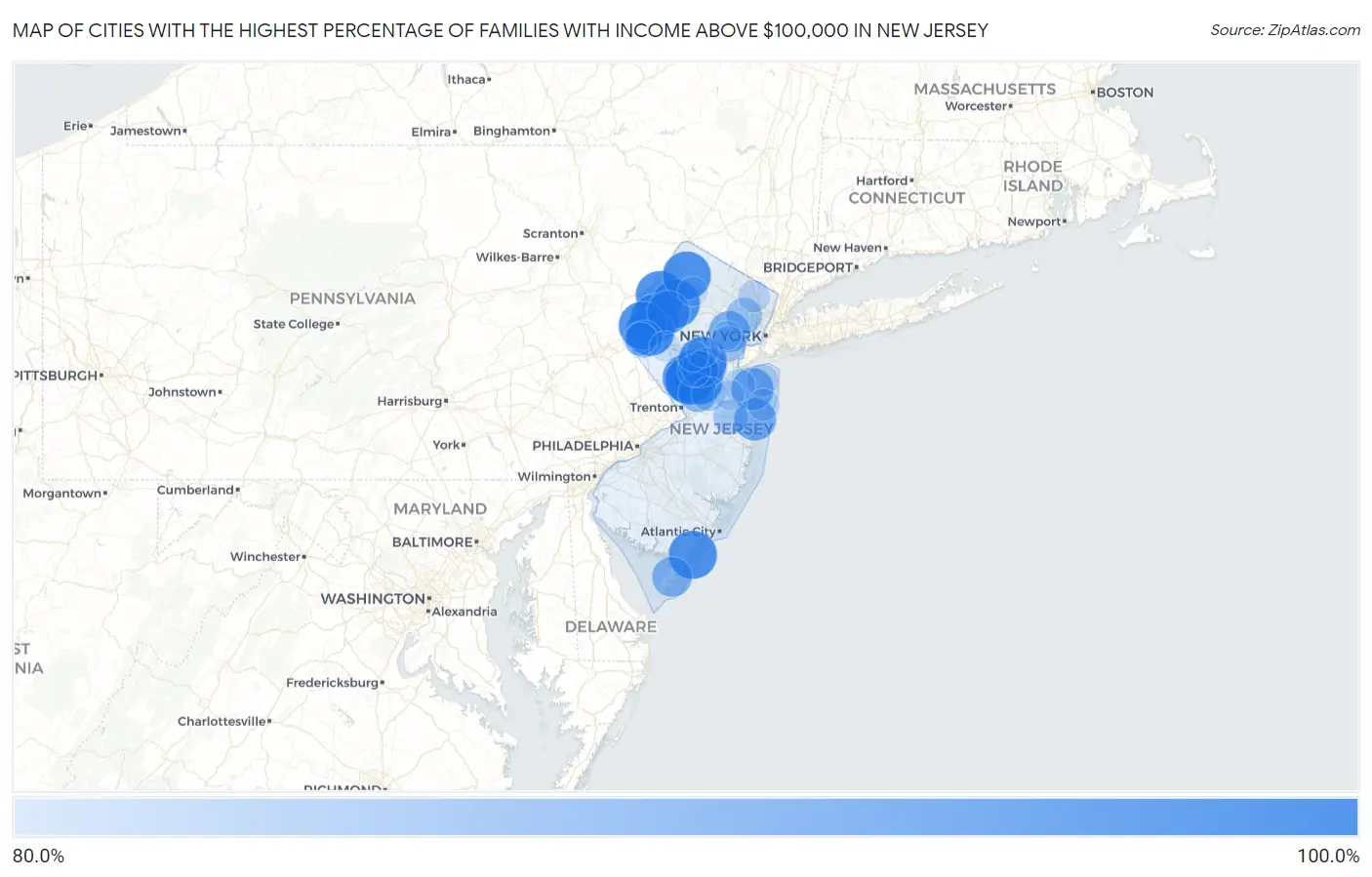 Cities with the Highest Percentage of Families with Income Above $100,000 in New Jersey Map