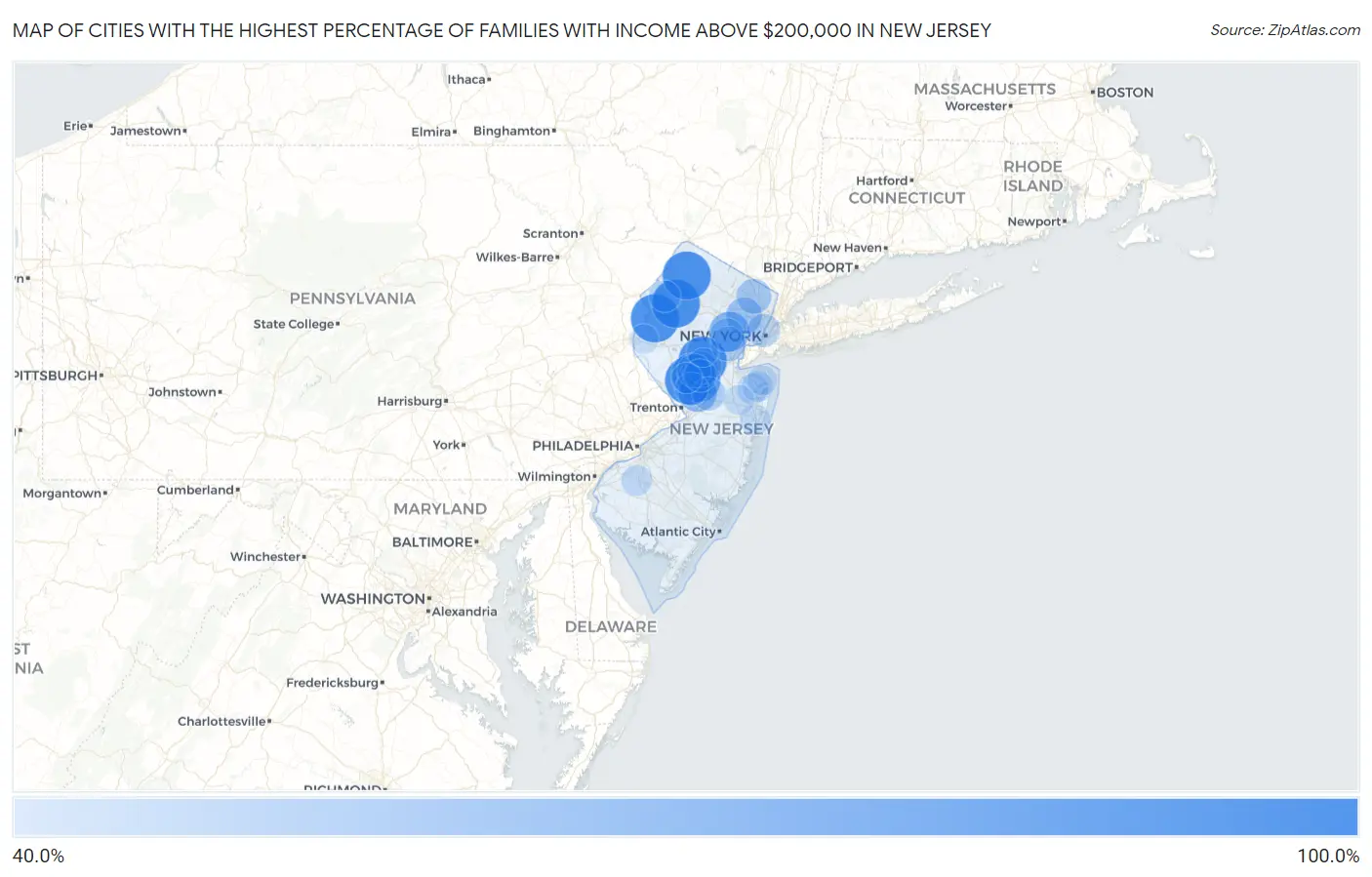 Cities with the Highest Percentage of Families with Income Above $200,000 in New Jersey Map