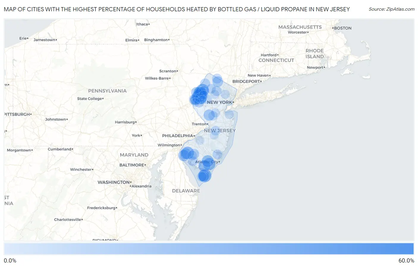 Cities with the Highest Percentage of Households Heated by Bottled Gas / Liquid Propane in New Jersey Map