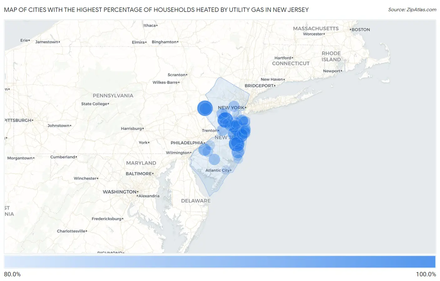 Cities with the Highest Percentage of Households Heated by Utility Gas in New Jersey Map