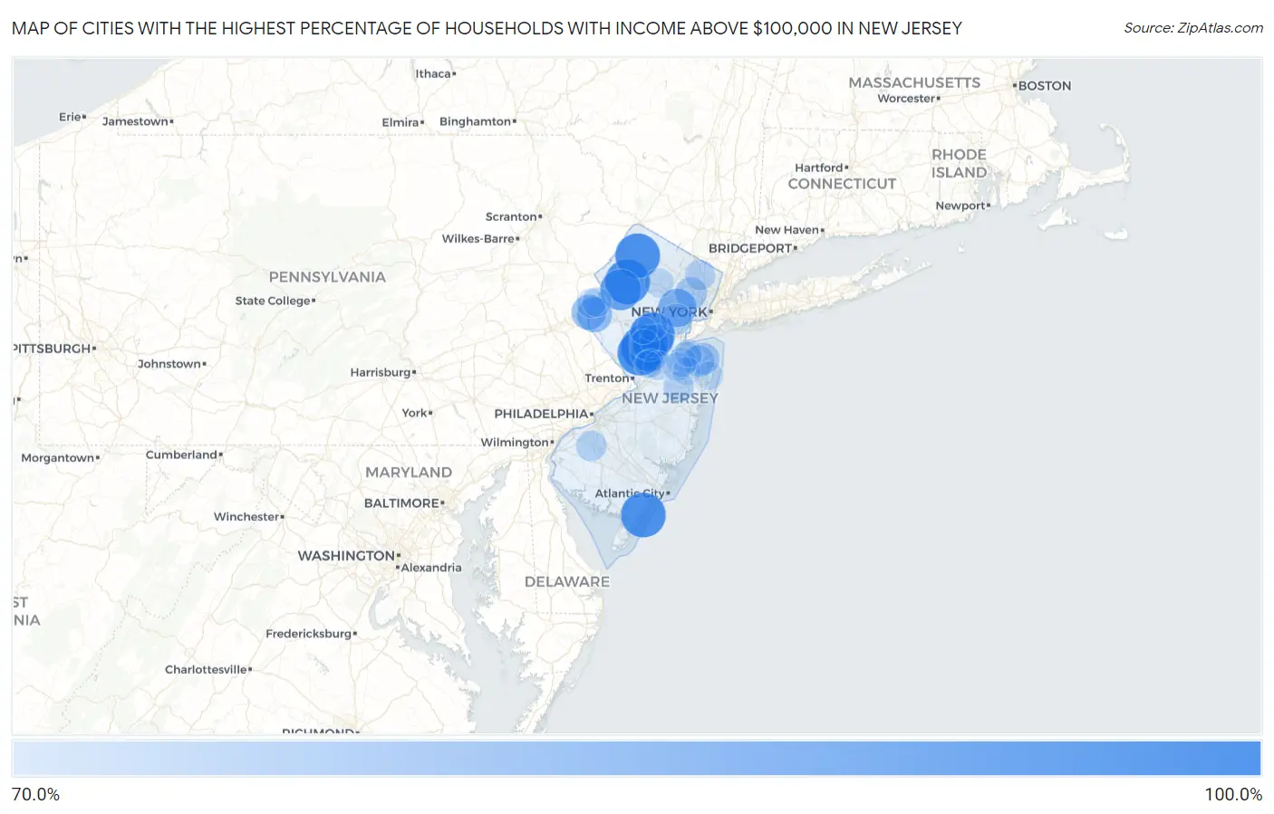 Cities with the Highest Percentage of Households with Income Above $100,000 in New Jersey Map