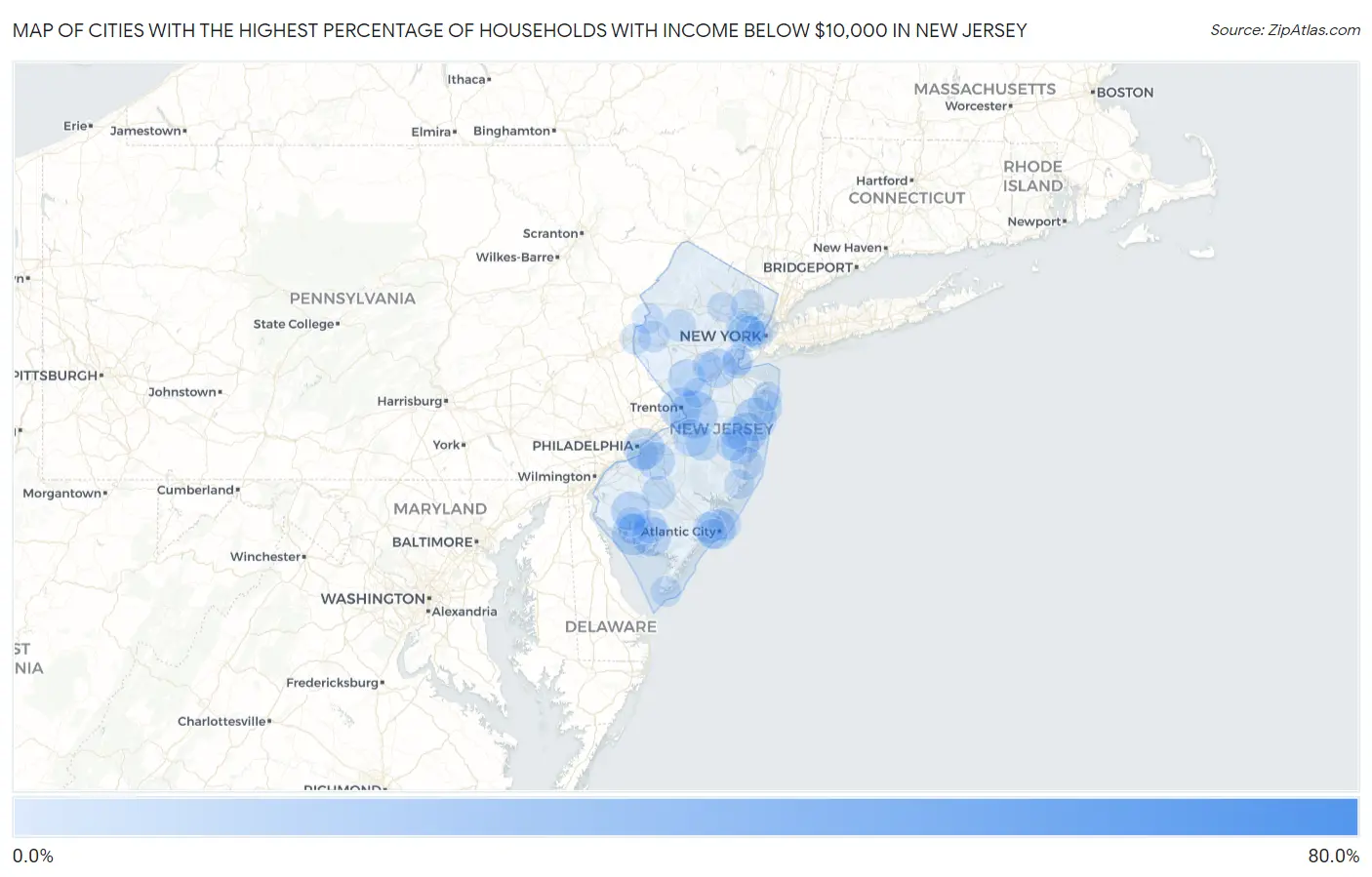 Cities with the Highest Percentage of Households with Income Below $10,000 in New Jersey Map