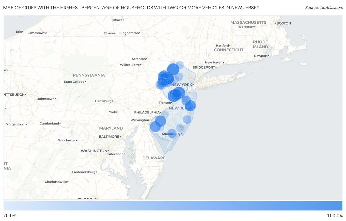 Cities with the Highest Percentage of Households With Two or more Vehicles in New Jersey Map