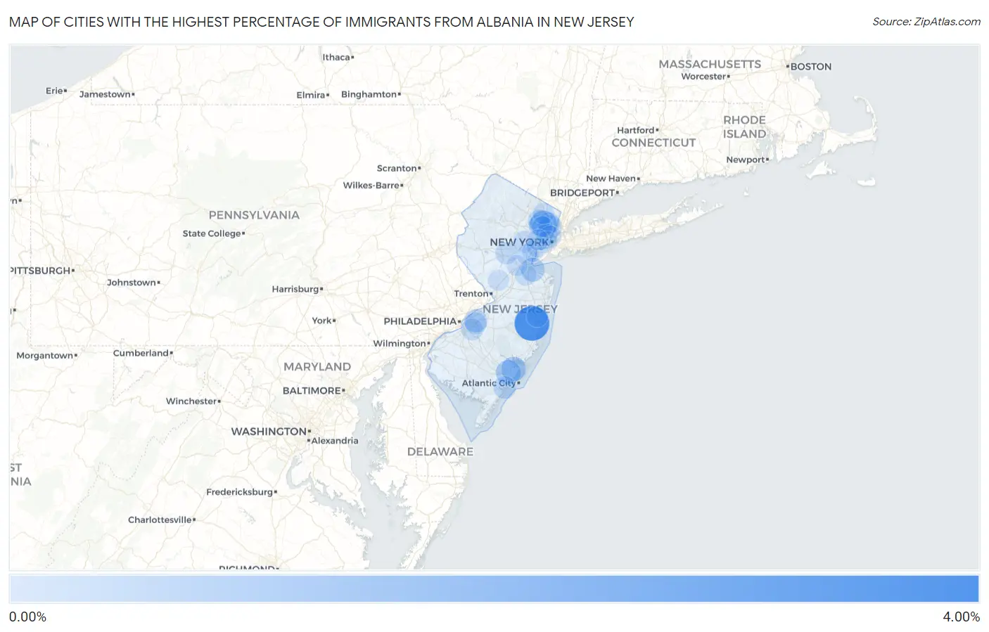 Cities with the Highest Percentage of Immigrants from Albania in New Jersey Map