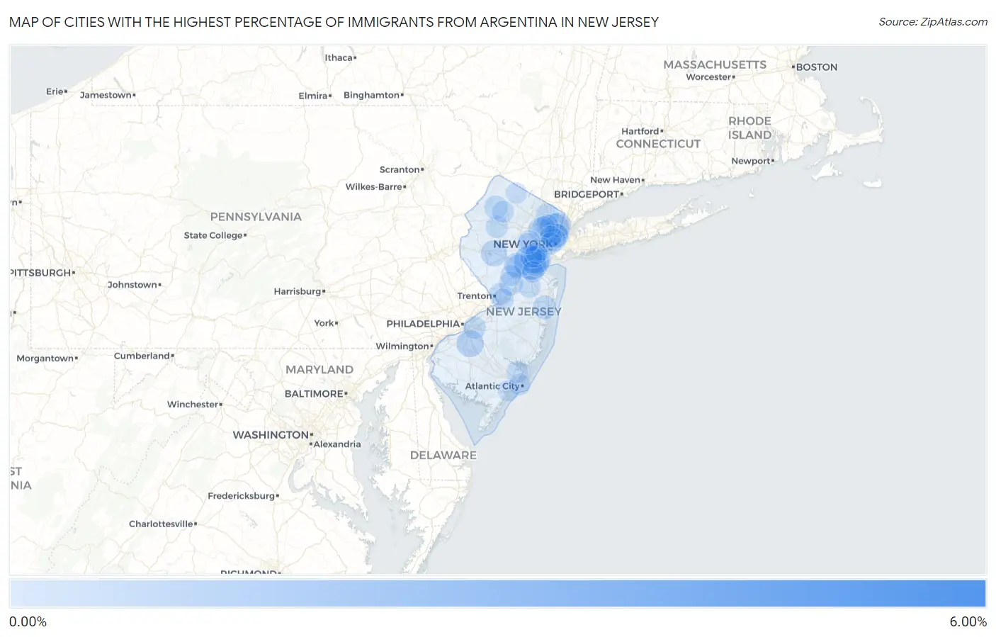 Cities with the Highest Percentage of Immigrants from Argentina in New Jersey Map