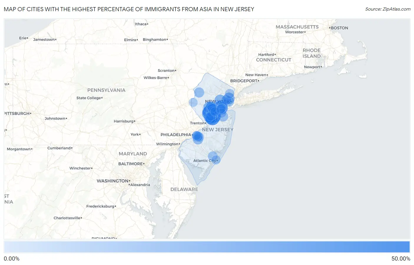 Cities with the Highest Percentage of Immigrants from Asia in New Jersey Map