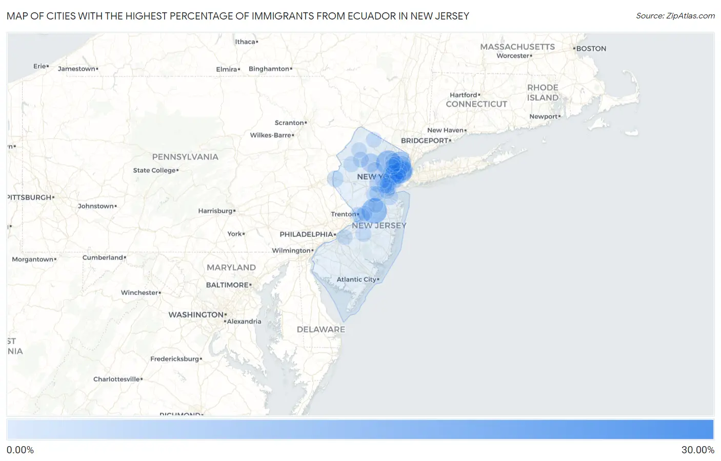 Cities with the Highest Percentage of Immigrants from Ecuador in New Jersey Map
