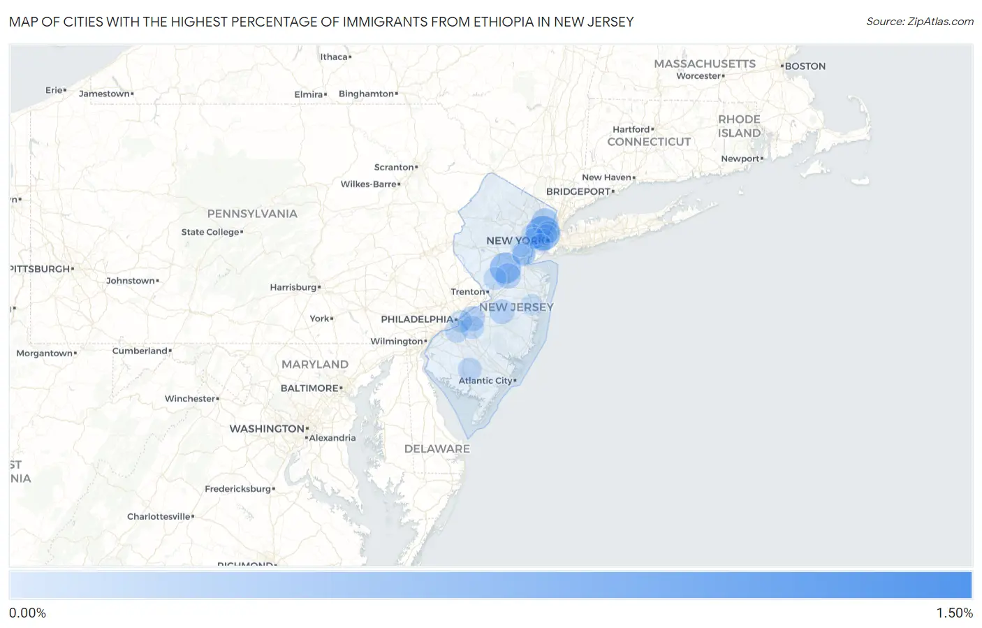 Cities with the Highest Percentage of Immigrants from Ethiopia in New Jersey Map
