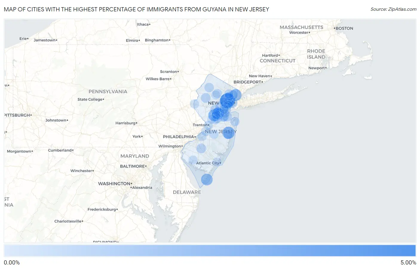 Cities with the Highest Percentage of Immigrants from Guyana in New Jersey Map