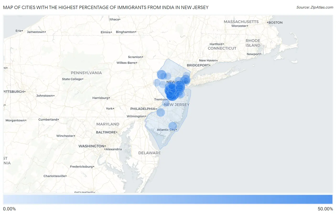 Cities with the Highest Percentage of Immigrants from India in New Jersey Map