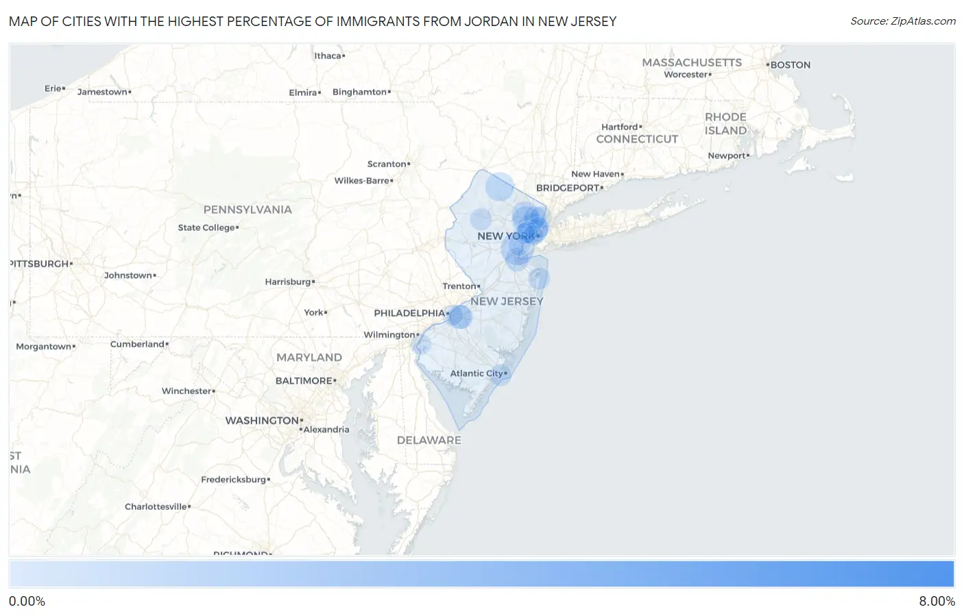 Cities with the Highest Percentage of Immigrants from Jordan in New Jersey Map