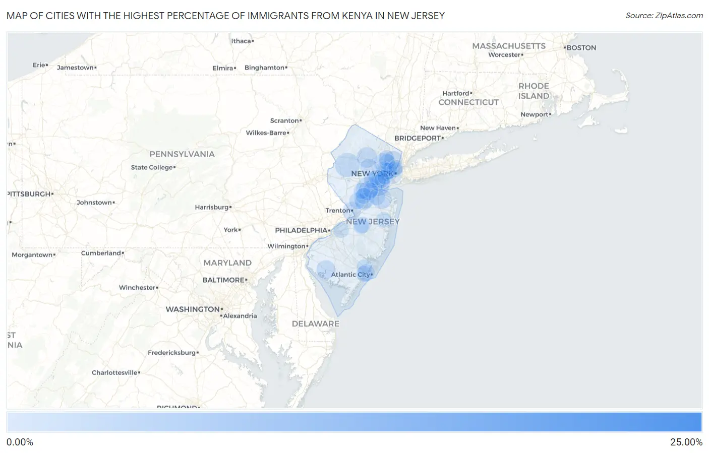 Cities with the Highest Percentage of Immigrants from Kenya in New Jersey Map