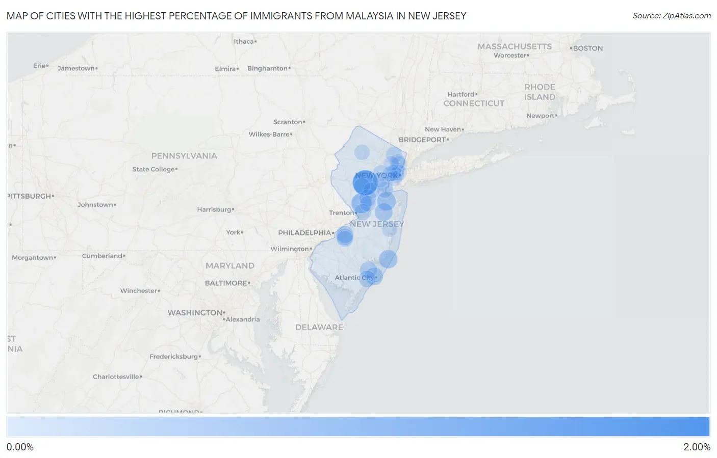 Cities with the Highest Percentage of Immigrants from Malaysia in New Jersey Map