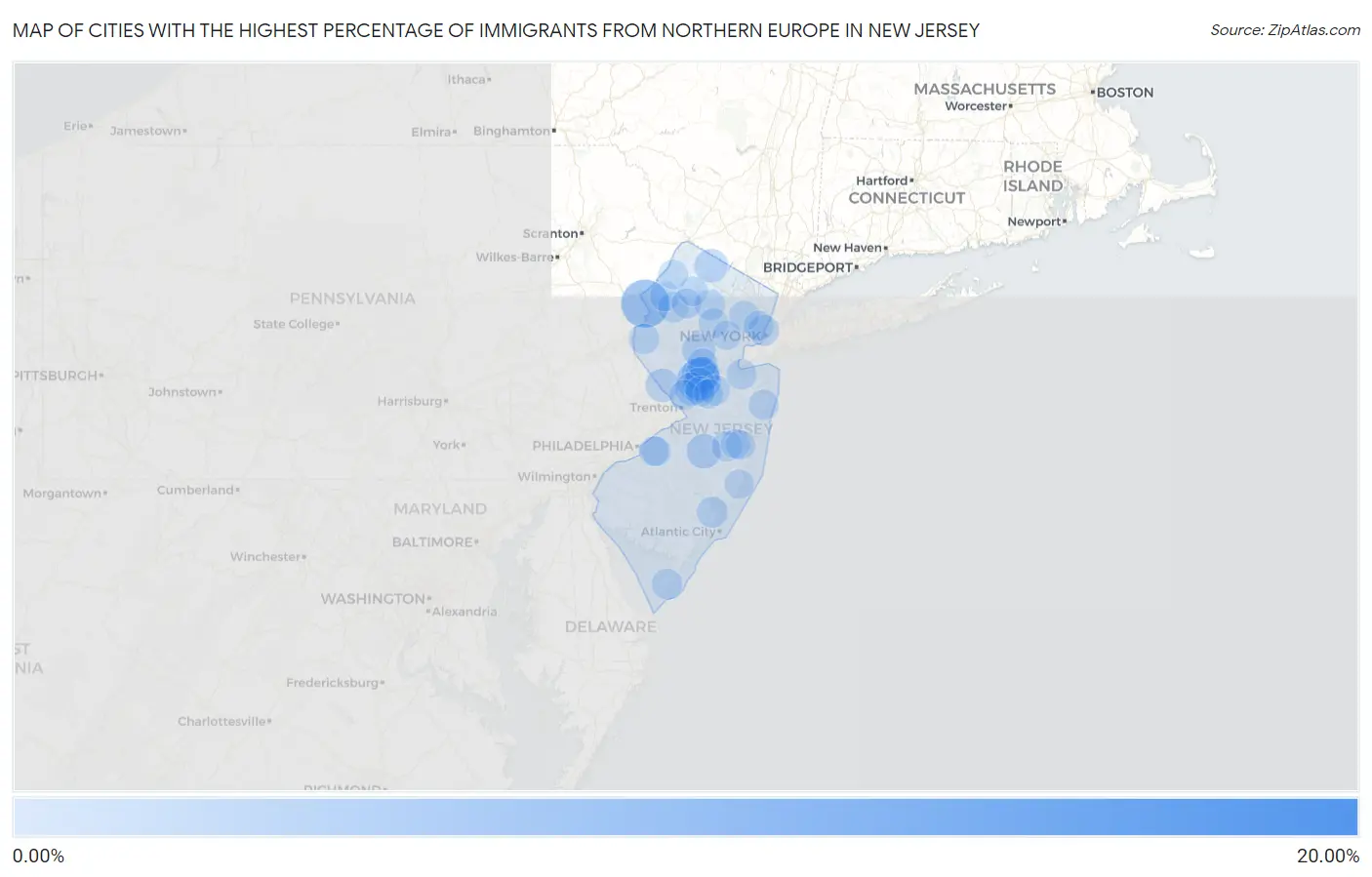 Cities with the Highest Percentage of Immigrants from Northern Europe in New Jersey Map