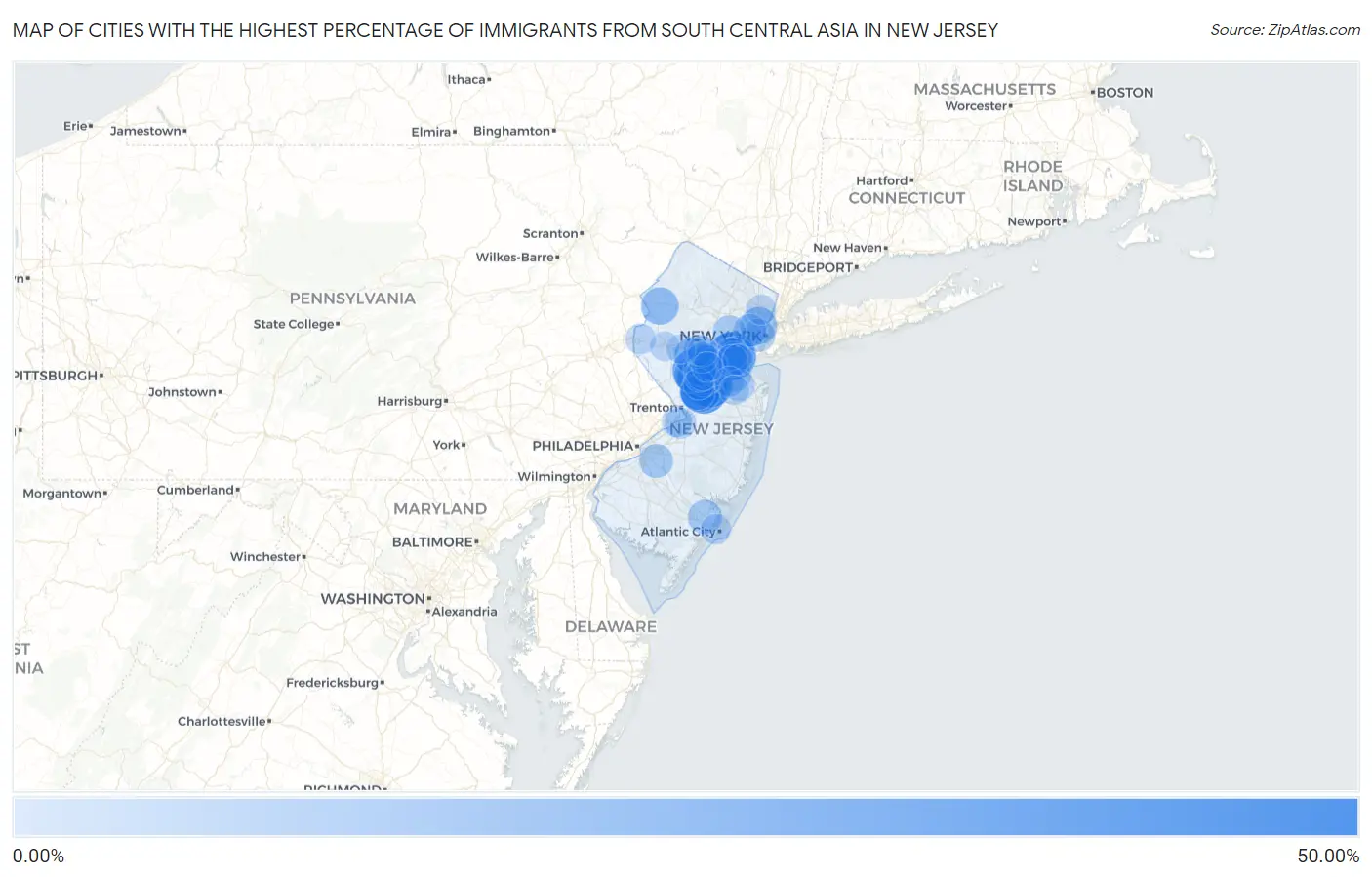 Cities with the Highest Percentage of Immigrants from South Central Asia in New Jersey Map