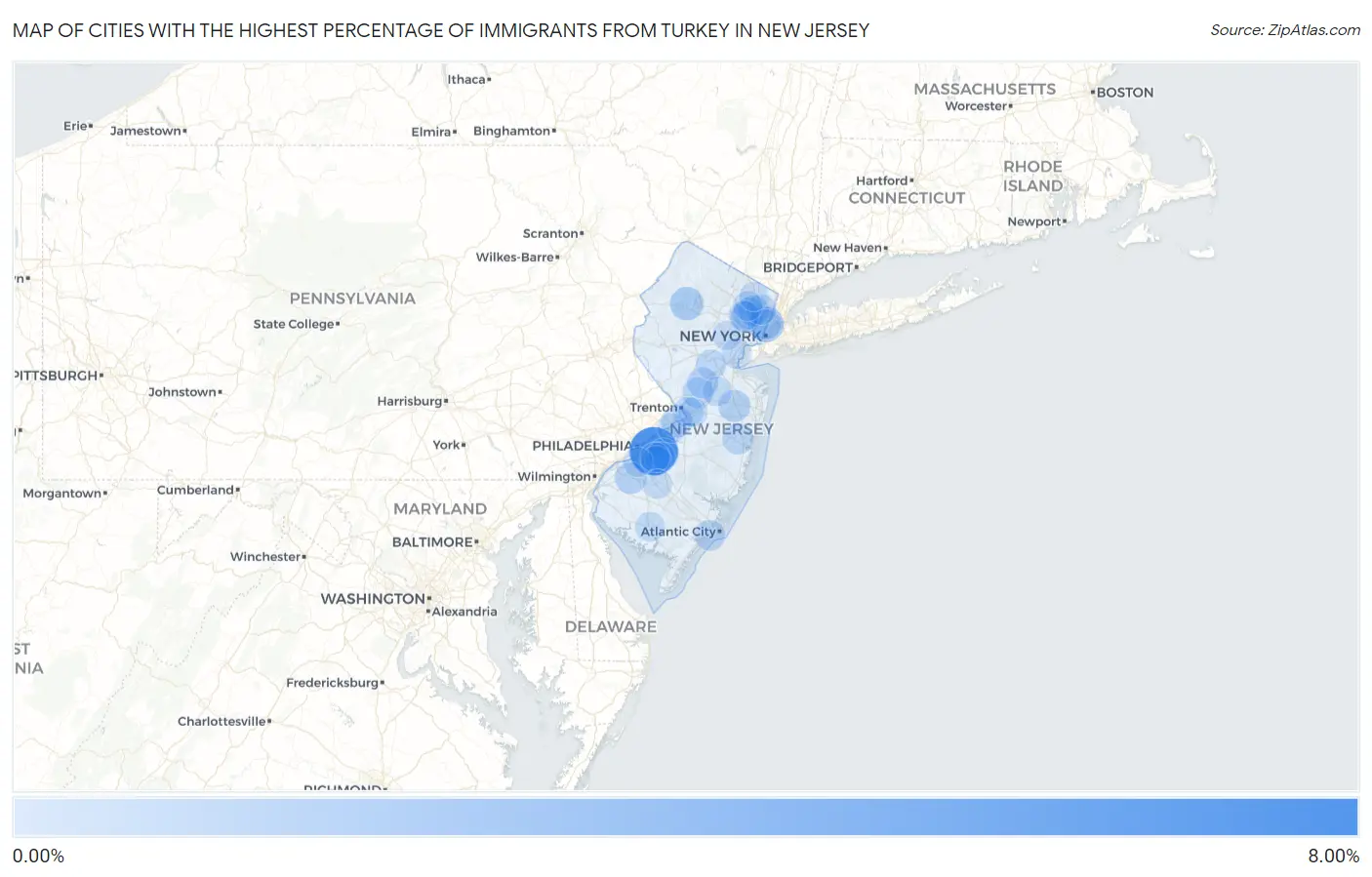Cities with the Highest Percentage of Immigrants from Turkey in New Jersey Map