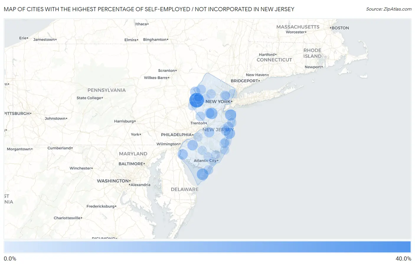 Cities with the Highest Percentage of Self-Employed / Not Incorporated in New Jersey Map