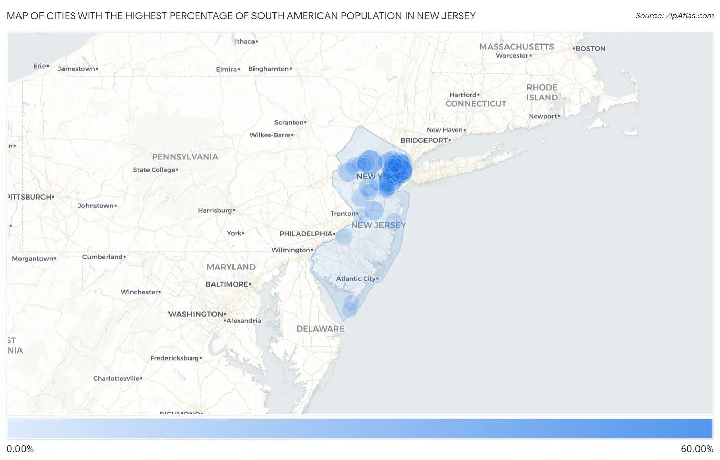 Cities with the Highest Percentage of South American Population in New Jersey Map