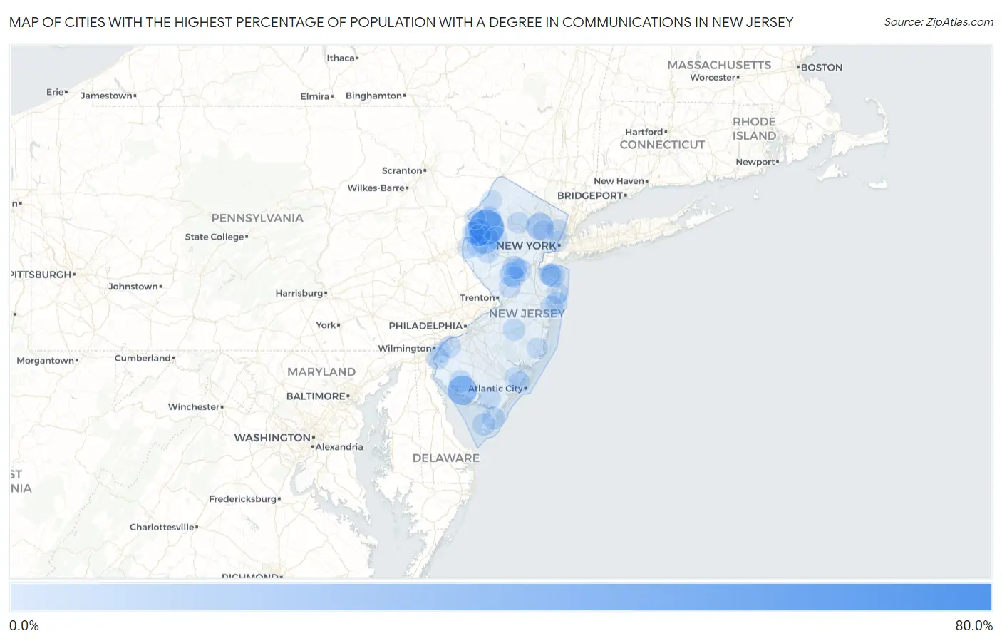 Cities with the Highest Percentage of Population with a Degree in Communications in New Jersey Map