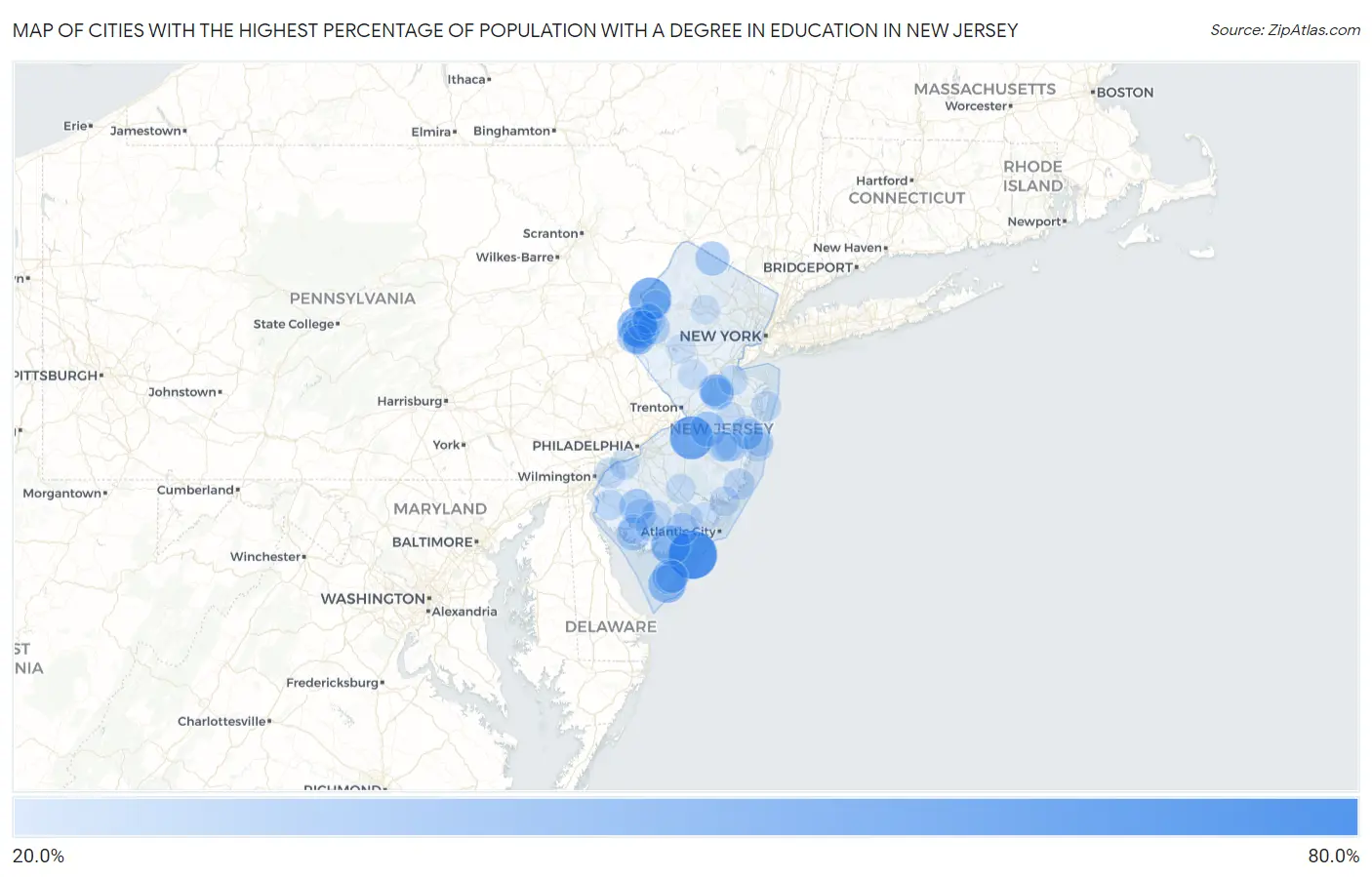 Cities with the Highest Percentage of Population with a Degree in Education in New Jersey Map