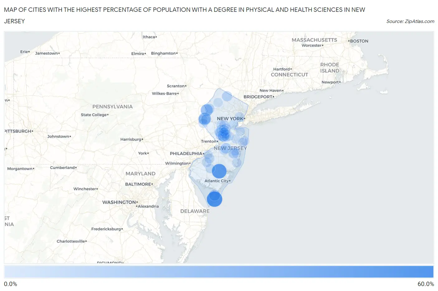 Cities with the Highest Percentage of Population with a Degree in Physical and Health Sciences in New Jersey Map
