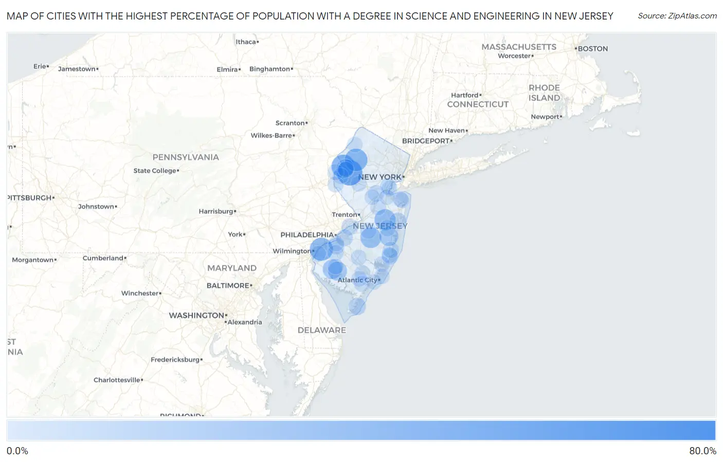 Cities with the Highest Percentage of Population with a Degree in Science and Engineering in New Jersey Map