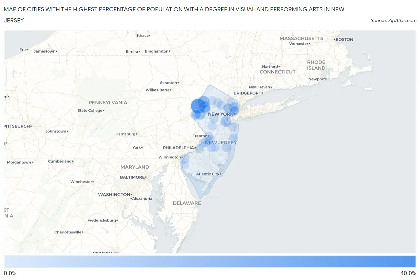 Cities with the Highest Percentage of Population with a Degree in Visual and Performing Arts in New Jersey Map