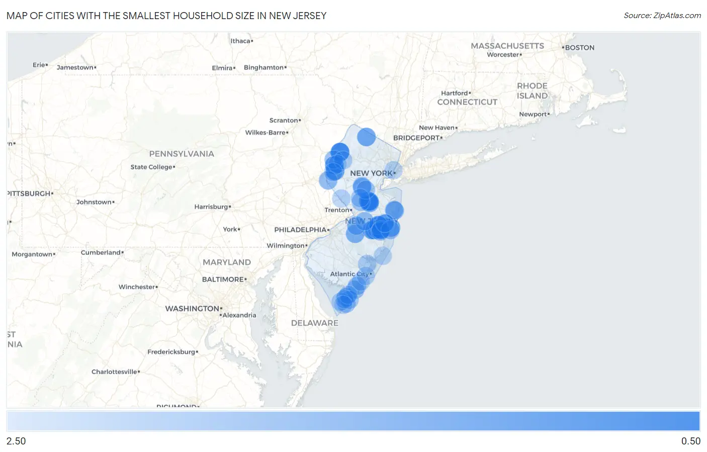 Cities with the Smallest Household Size in New Jersey Map