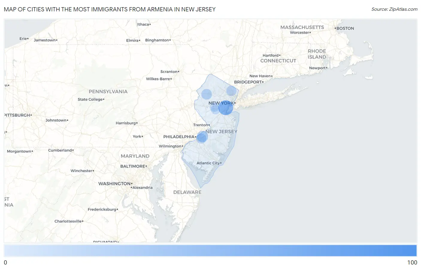 Cities with the Most Immigrants from Armenia in New Jersey Map