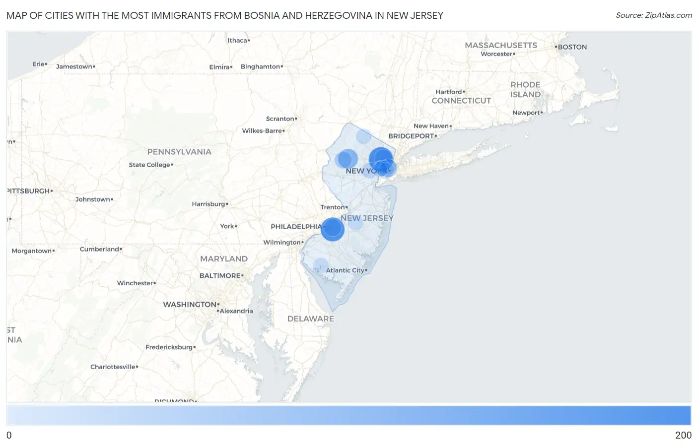 Cities with the Most Immigrants from Bosnia and Herzegovina in New Jersey Map