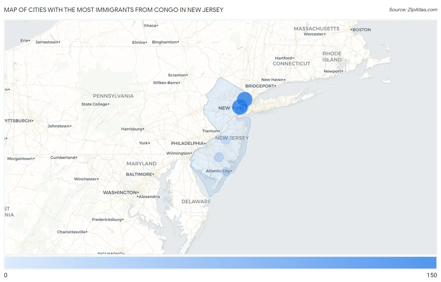 Cities with the Most Immigrants from Congo in New Jersey Map