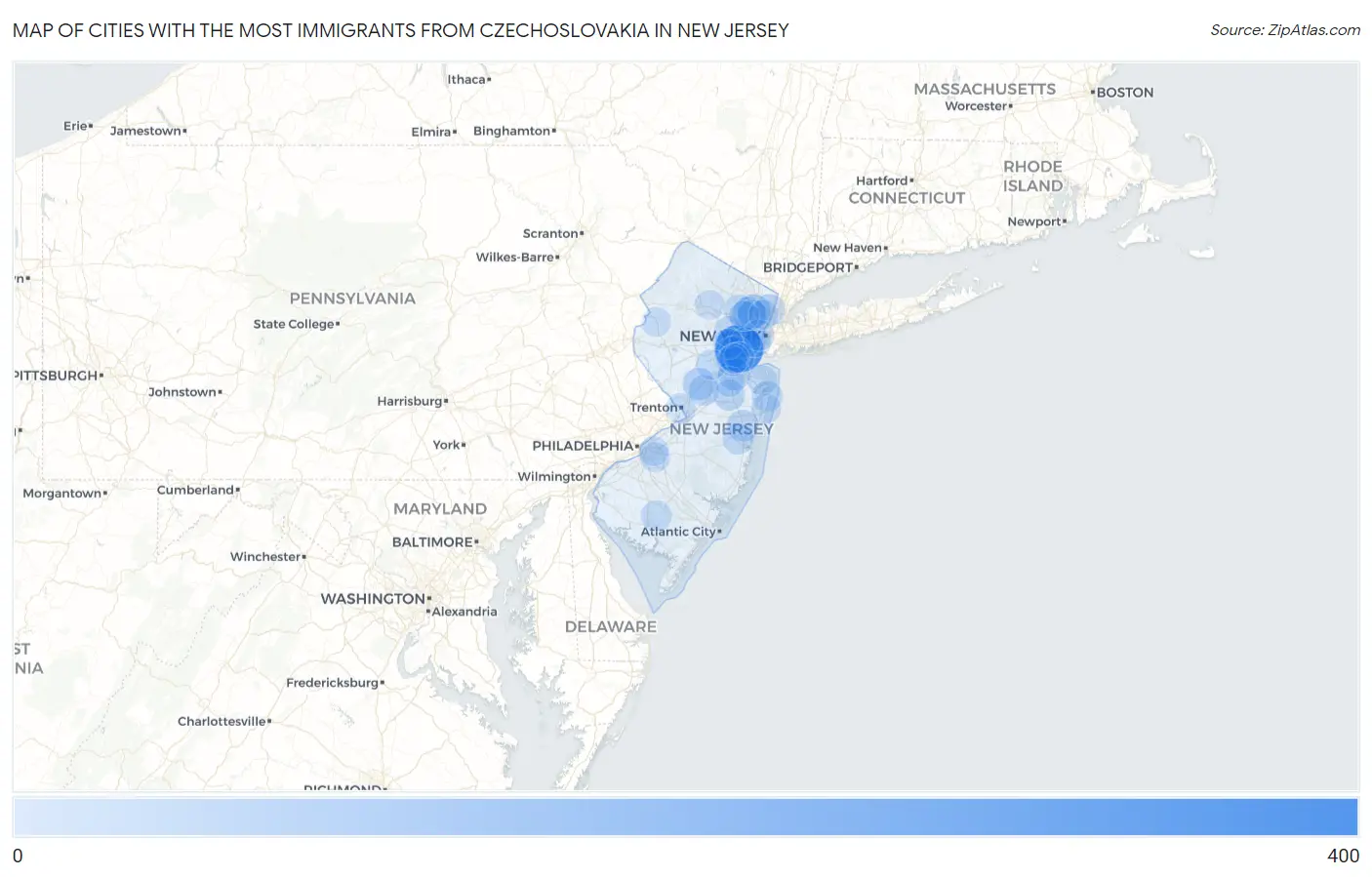 Cities with the Most Immigrants from Czechoslovakia in New Jersey Map