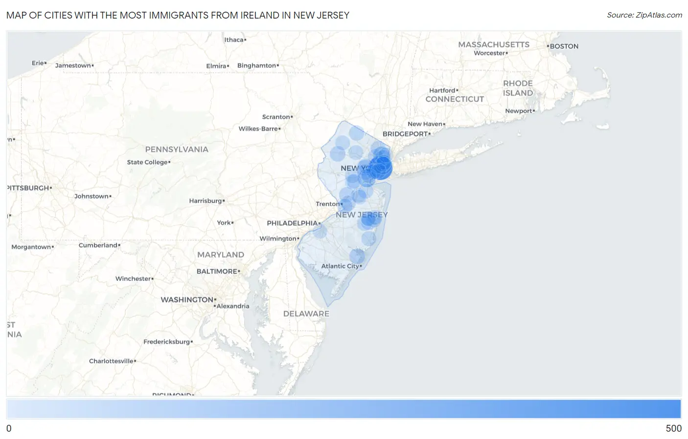 Cities with the Most Immigrants from Ireland in New Jersey Map