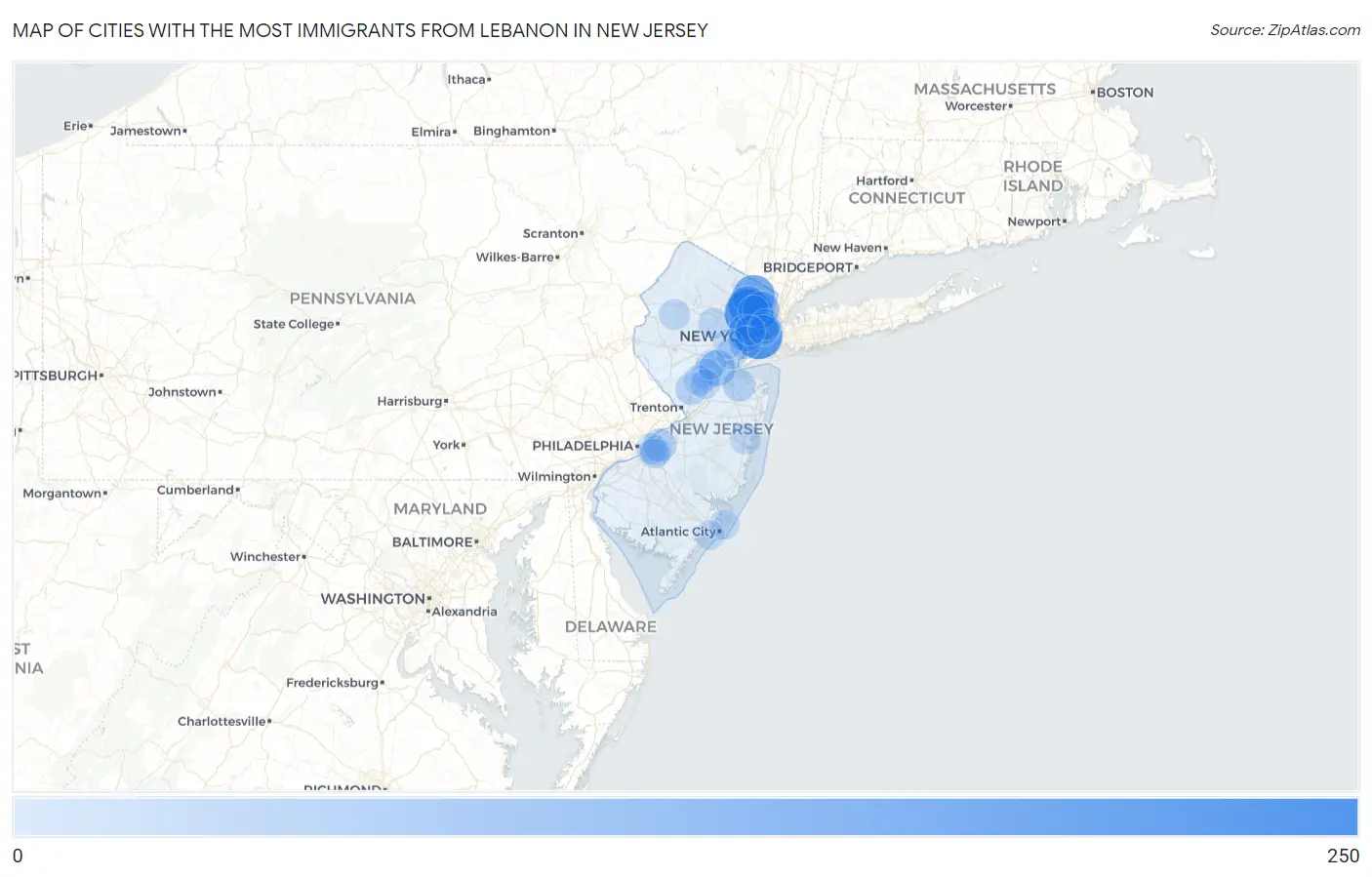 Cities with the Most Immigrants from Lebanon in New Jersey Map