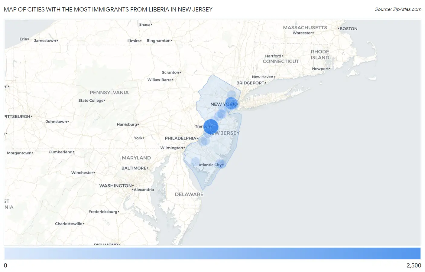 Cities with the Most Immigrants from Liberia in New Jersey Map